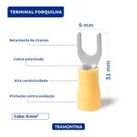 Terminais de Conexão Forquilha Tramontina em cobre estanhado e nylon 6 mm² x 9 mm x M5 Amarelo 25 Peças