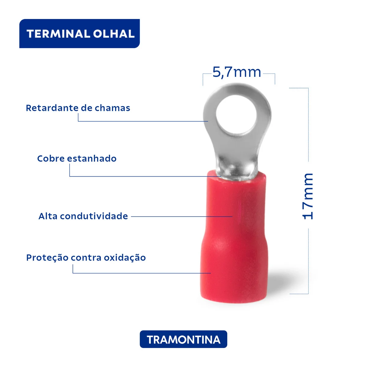Terminais de Conexão Olhal Tramontina em cobre estanhado e nylon 1,5 mm² x 5,7 mm x M3 Vermelho 50 Peças