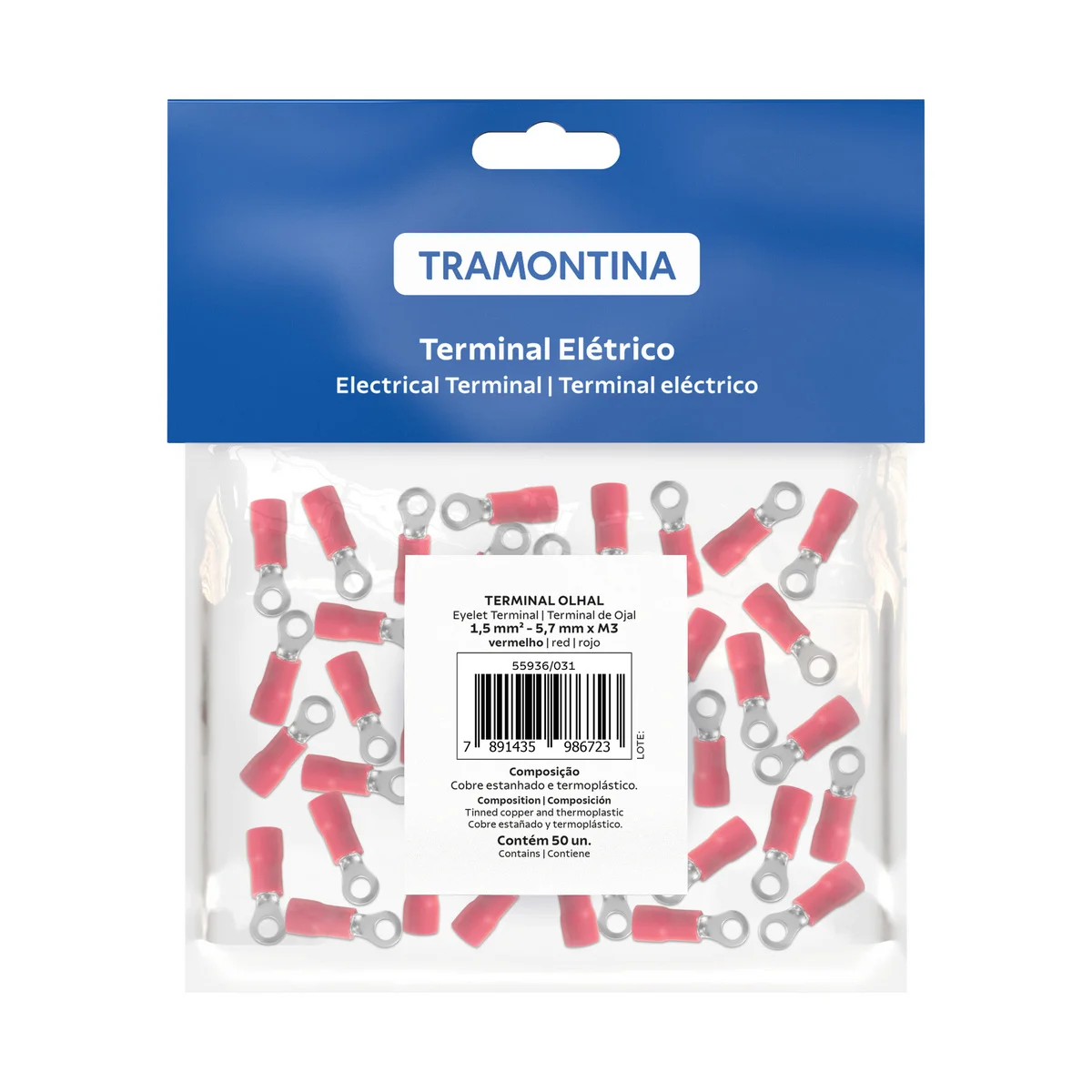 Terminais de Conexão Olhal Tramontina em cobre estanhado e nylon 1,5 mm² x 5,7 mm x M3 Vermelho 50 Peças