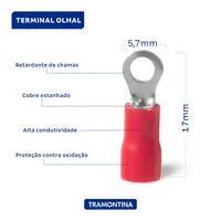 Terminais de Conexão Olhal Tramontina em cobre estanhado e nylon 1,5 mm² x 5,7 mm x M3 Vermelho 50 Peças