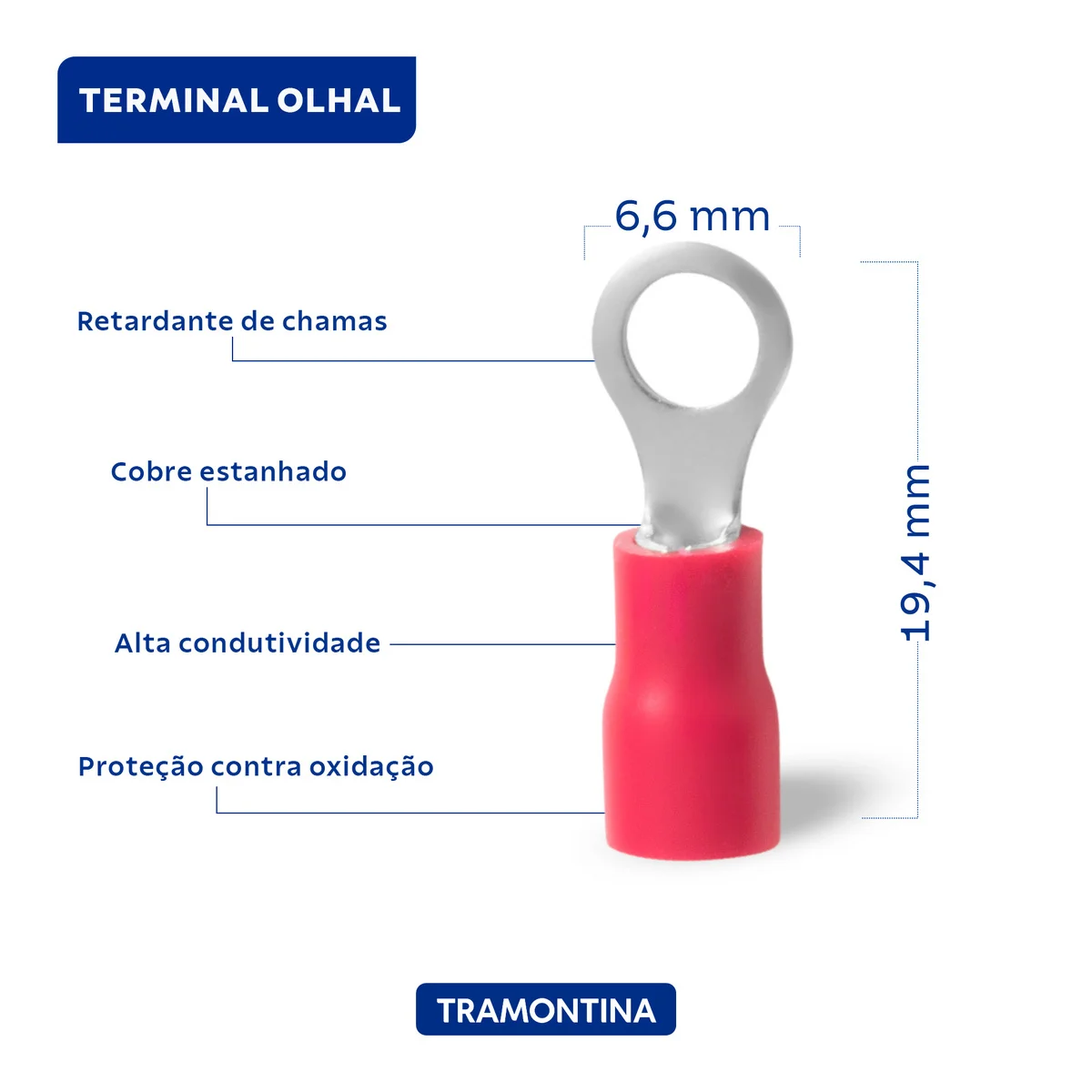 Terminais de Conexão Olhal Tramontina em cobre estanhado e nylon 1,5 mm² x 6,6 mm x M4 Vermelho 50 Peças