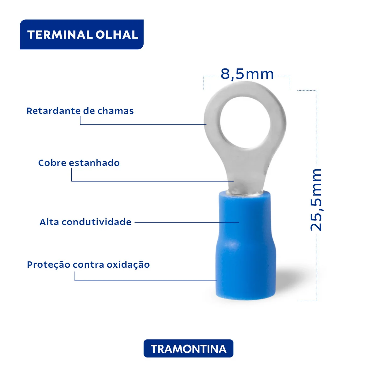 Terminais de Conexão Olhal Tramontina em cobre estanhado e nylon 2,5 mm² x 8,5 mm x M5 Azul 50 Peças