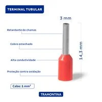 Terminais de Conexão Tubulares Tramontina em cobre estanhado e nylon 1,0 mm² x 8 Vermelho 100 Peças