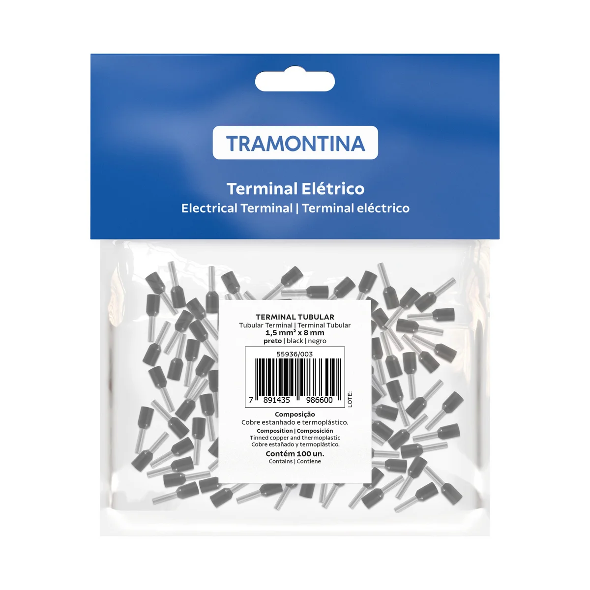 Terminais de Conexão Tubulares Tramontina em cobre estanhado e nylon 1,5 mm² x 8 Preto 100 Peças