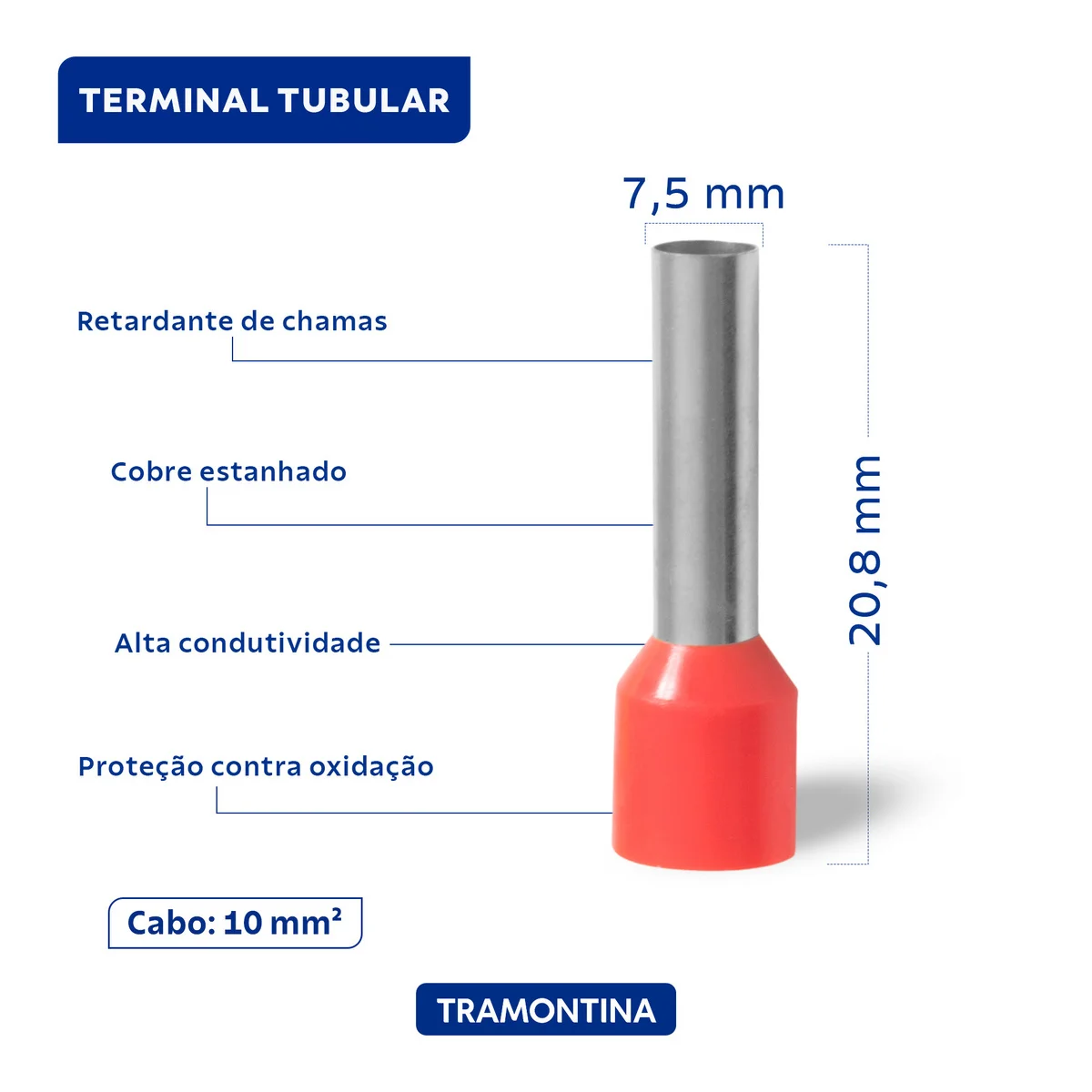 Terminais de Conexão Tubulares Tramontina em cobre estanhado e nylon 10 mm² x 18 Vermelho 20 Peças