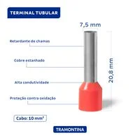 Terminais de Conexão Tubulares Tramontina em cobre estanhado e nylon 10 mm² x 18 Vermelho 20 Peças