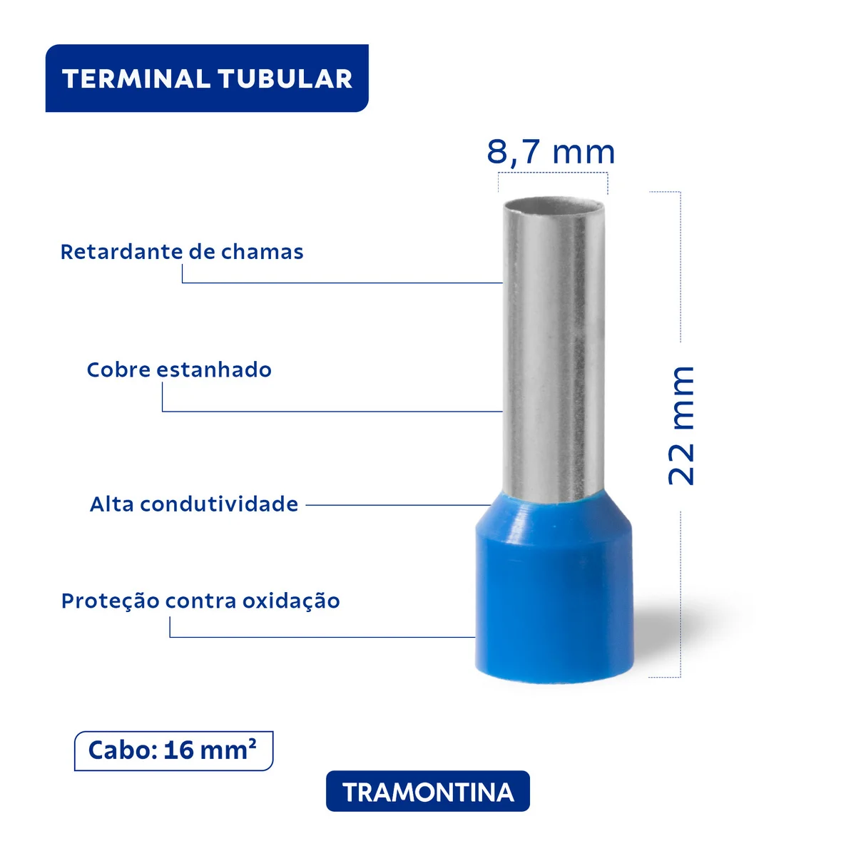 Terminais de Conexão Tubulares Tramontina em cobre estanhado e nylon 16 mm² x 18 Azul 20 Peças