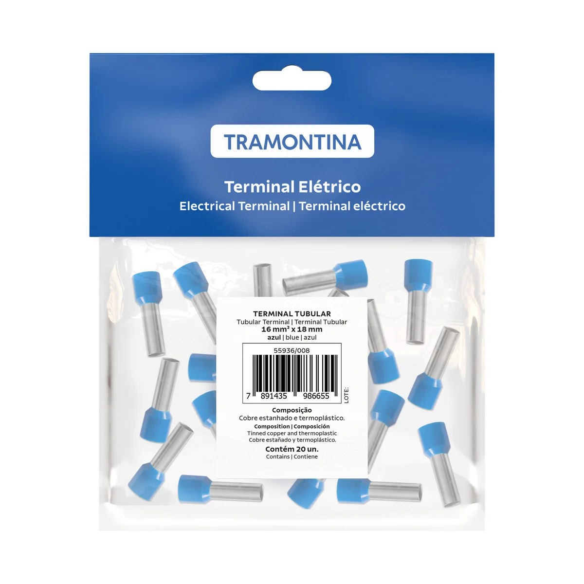 Terminais de Conexão Tubulares Tramontina em cobre estanhado e nylon 16 mm² x 18 Azul 20 Peças