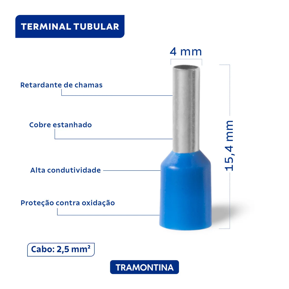 Terminais de Conexão Tubulares Tramontina em cobre estanhado e nylon 2,5 mm² x 8 Azul 100 Peças