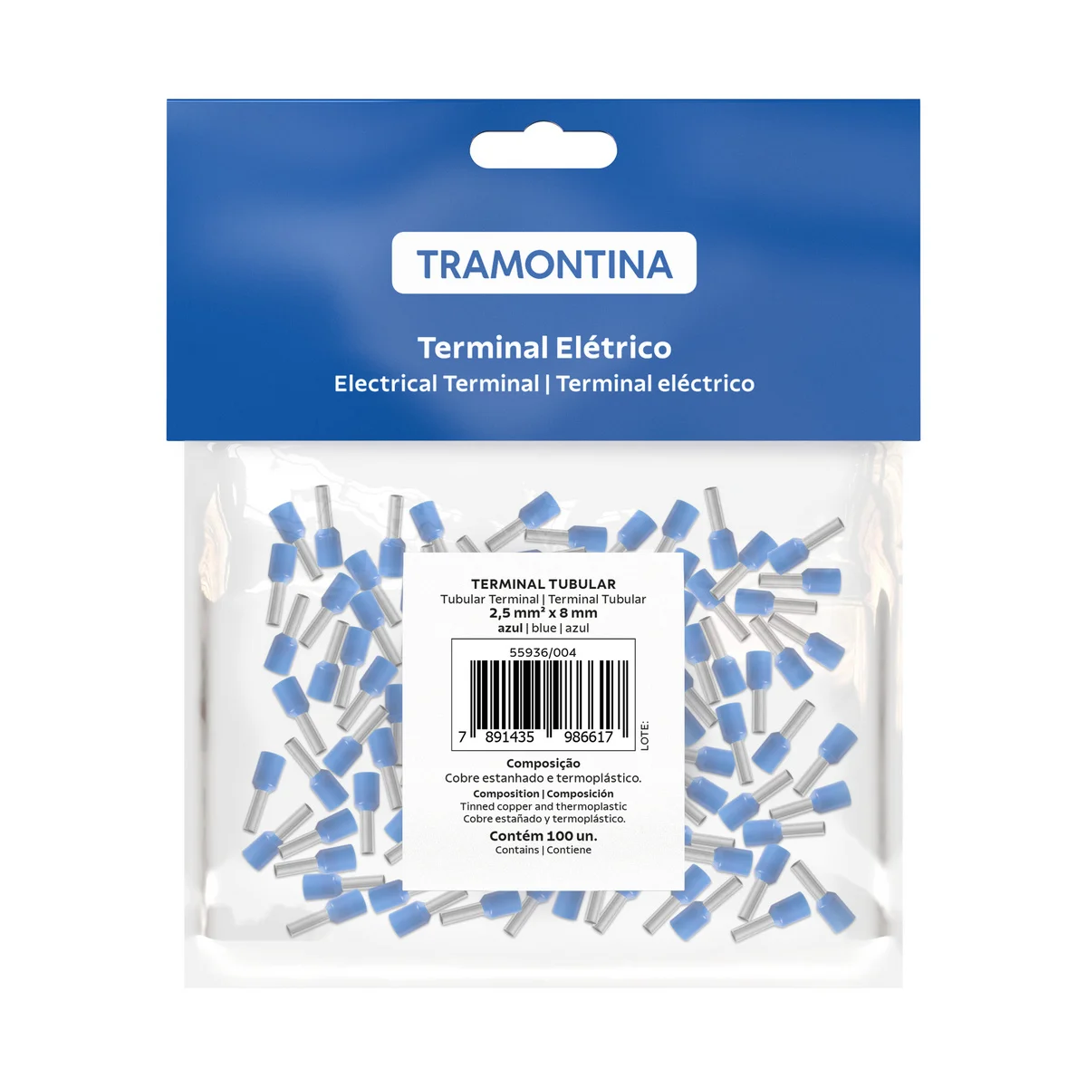 Terminais de Conexão Tubulares Tramontina em cobre estanhado e nylon 2,5 mm² x 8 Azul 100 Peças