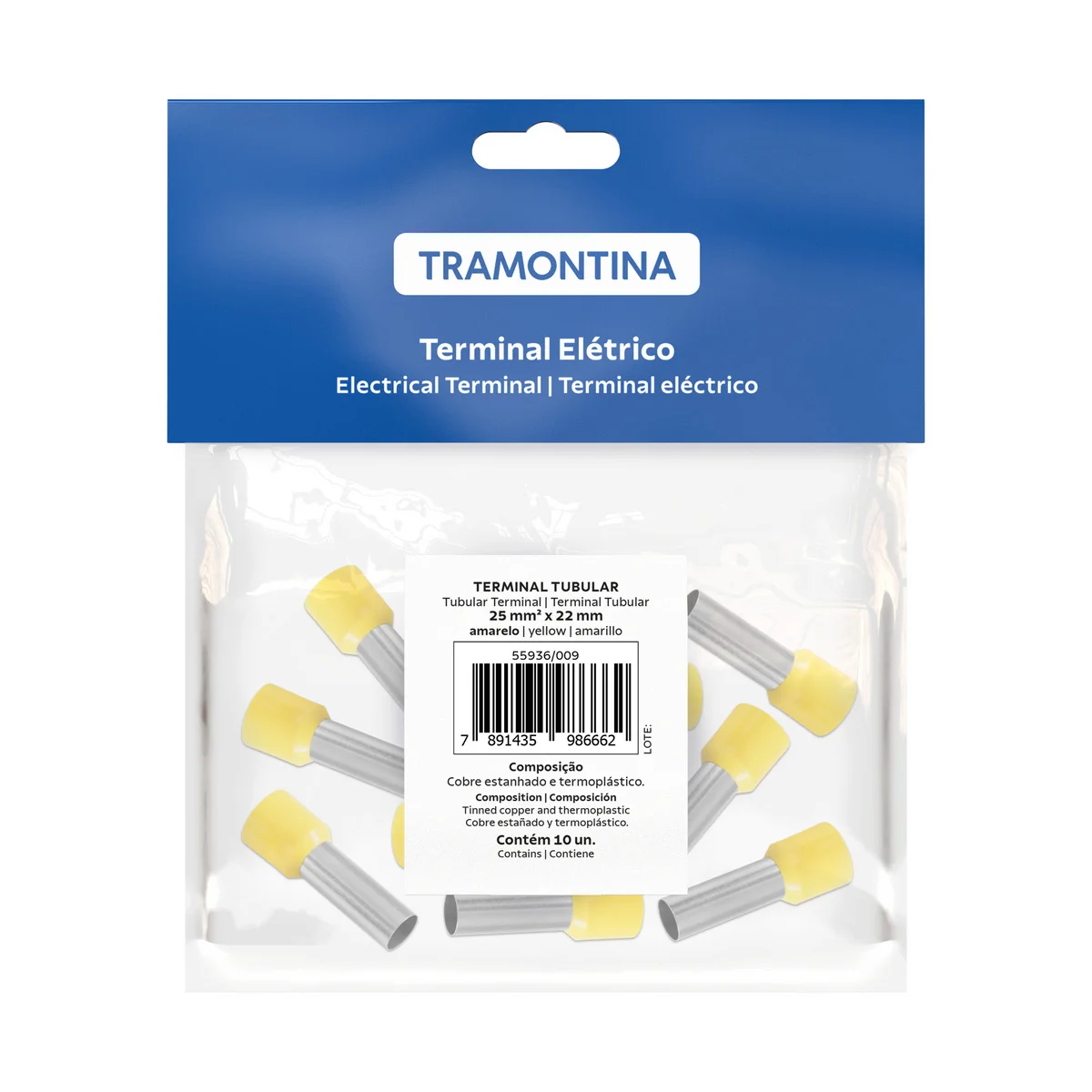 Terminais de Conexão Tubulares Tramontina em cobre estanhado e nylon 25 mm² x 22 Amarelo 10 Peças