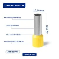 Terminais de Conexão Tubulares Tramontina em cobre estanhado e nylon 25 mm² x 22 Amarelo 10 Peças
