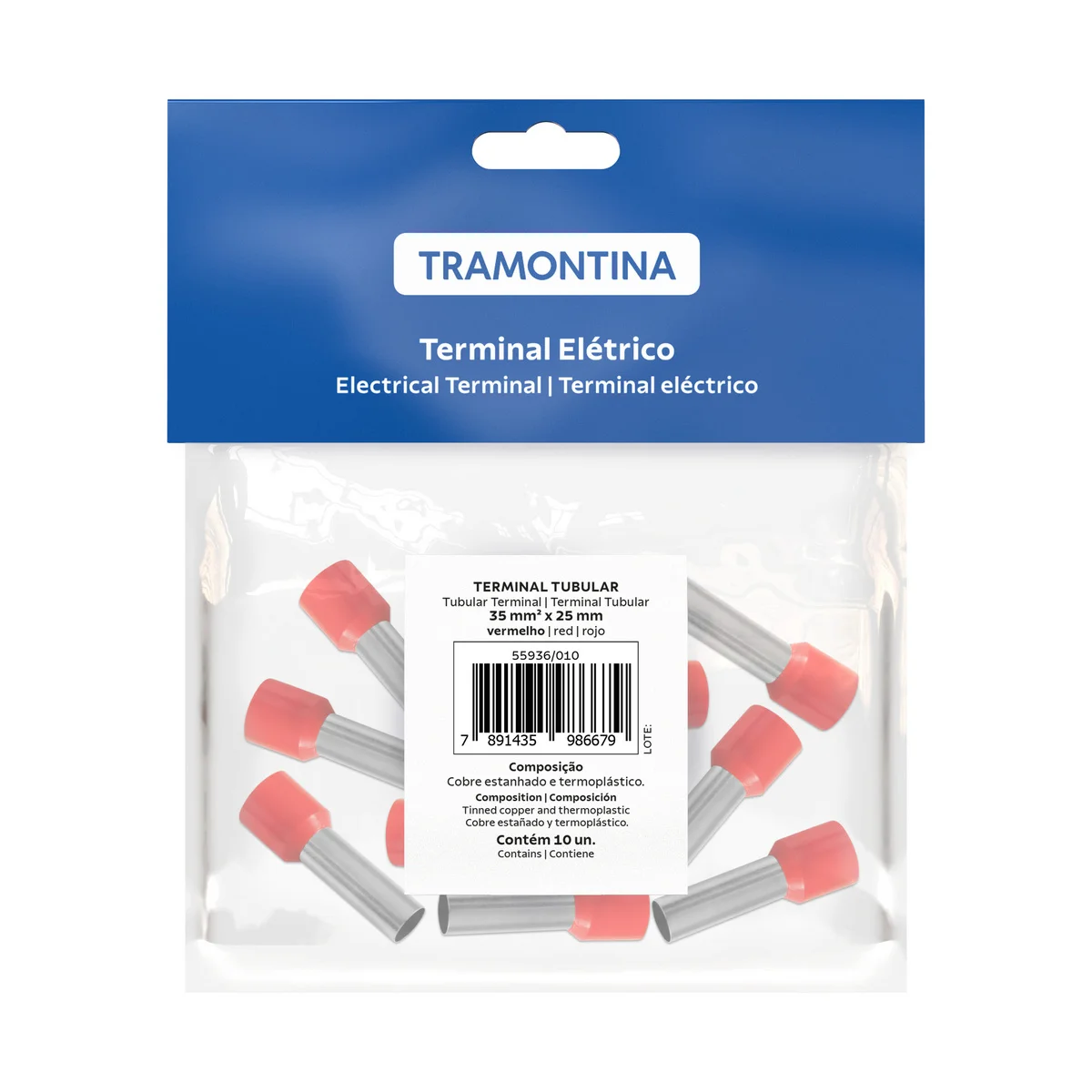 Terminais de Conexão Tubulares Tramontina em cobre estanhado e nylon 35 mm² x 25 Vermelho 10 Peças