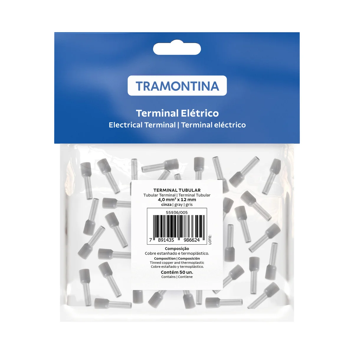 Terminais de Conexão Tubulares Tramontina em cobre estanhado e nylon 4 mm² x 12 Cinza 50 Peças