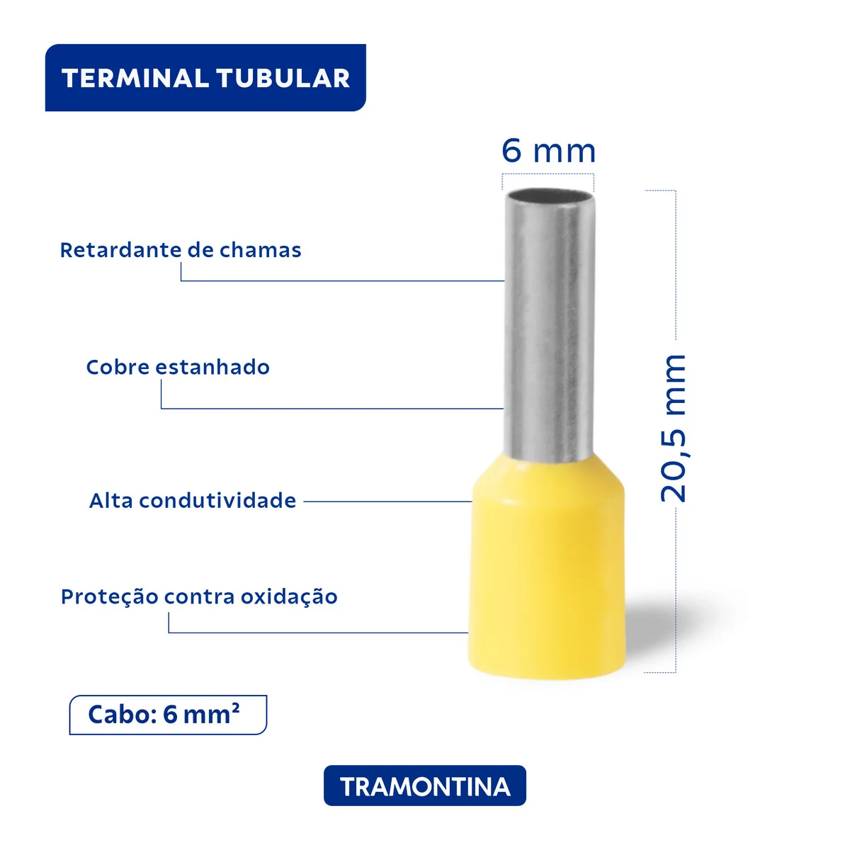 Terminais de Conexão Tubulares Tramontina em cobre estanhado e nylon 6 mm² x 12 Amarelo 50 Peças
