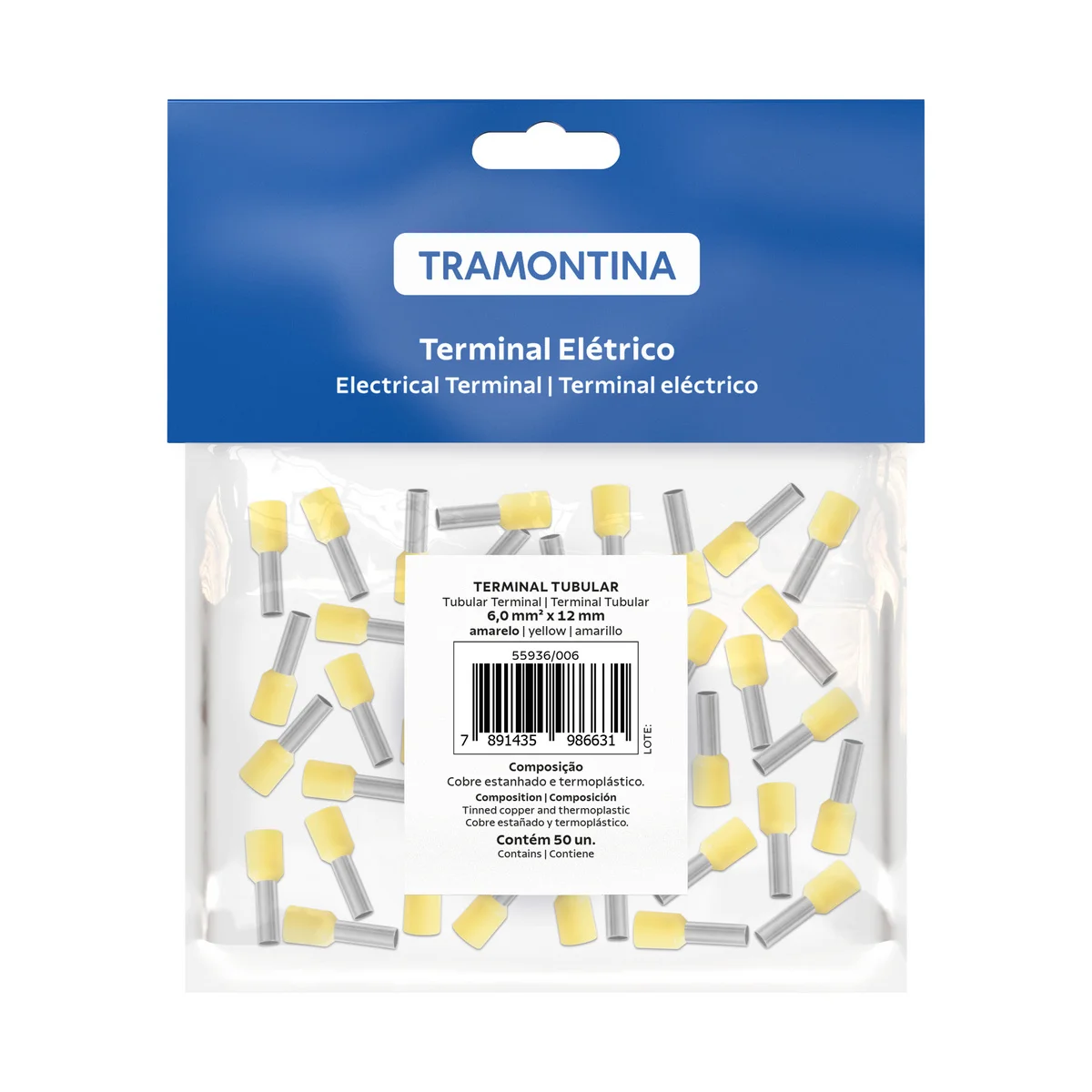 Terminais de Conexão Tubulares Tramontina em cobre estanhado e nylon 6 mm² x 12 Amarelo 50 Peças