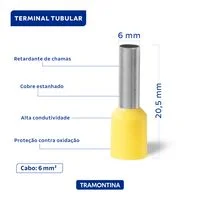 Terminais de Conexão Tubulares Tramontina em cobre estanhado e nylon 6 mm² x 12 Amarelo 50 Peças