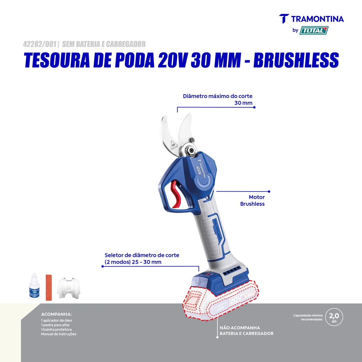 Tesoura de Poda 20V 30 mm Brushless Tramontina by Total - Sem Bateria e Carregador