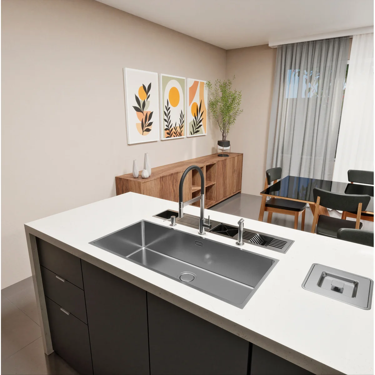 Torneira Tramontina Versatile Black em Aço Inox com Mangueira Flexível e Bica Giratória 360°
