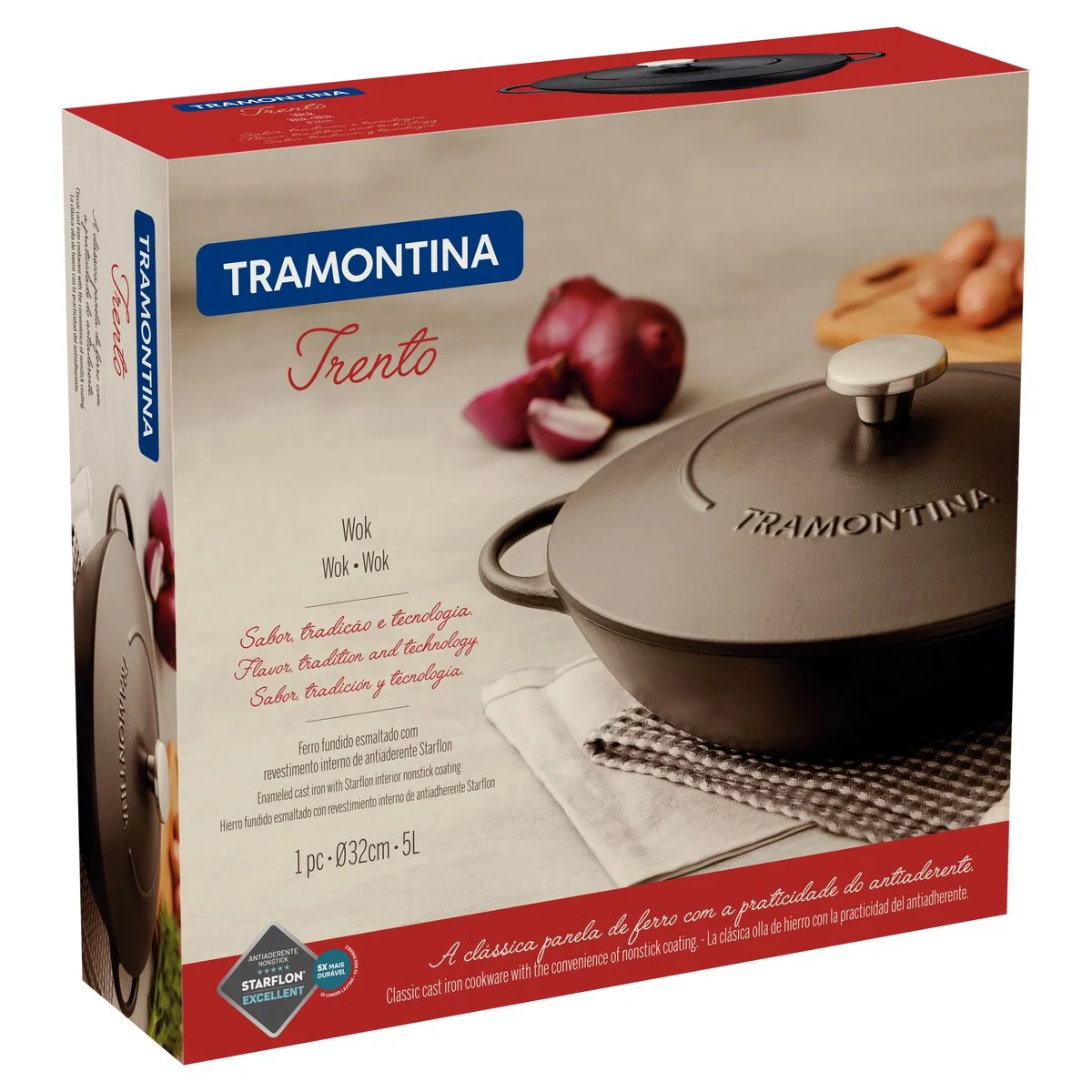 Wok Tramontina Trento em Ferro Esmaltado com Revestimento Interno em Antiaderente Starflon Excellent 32 cm 5 L